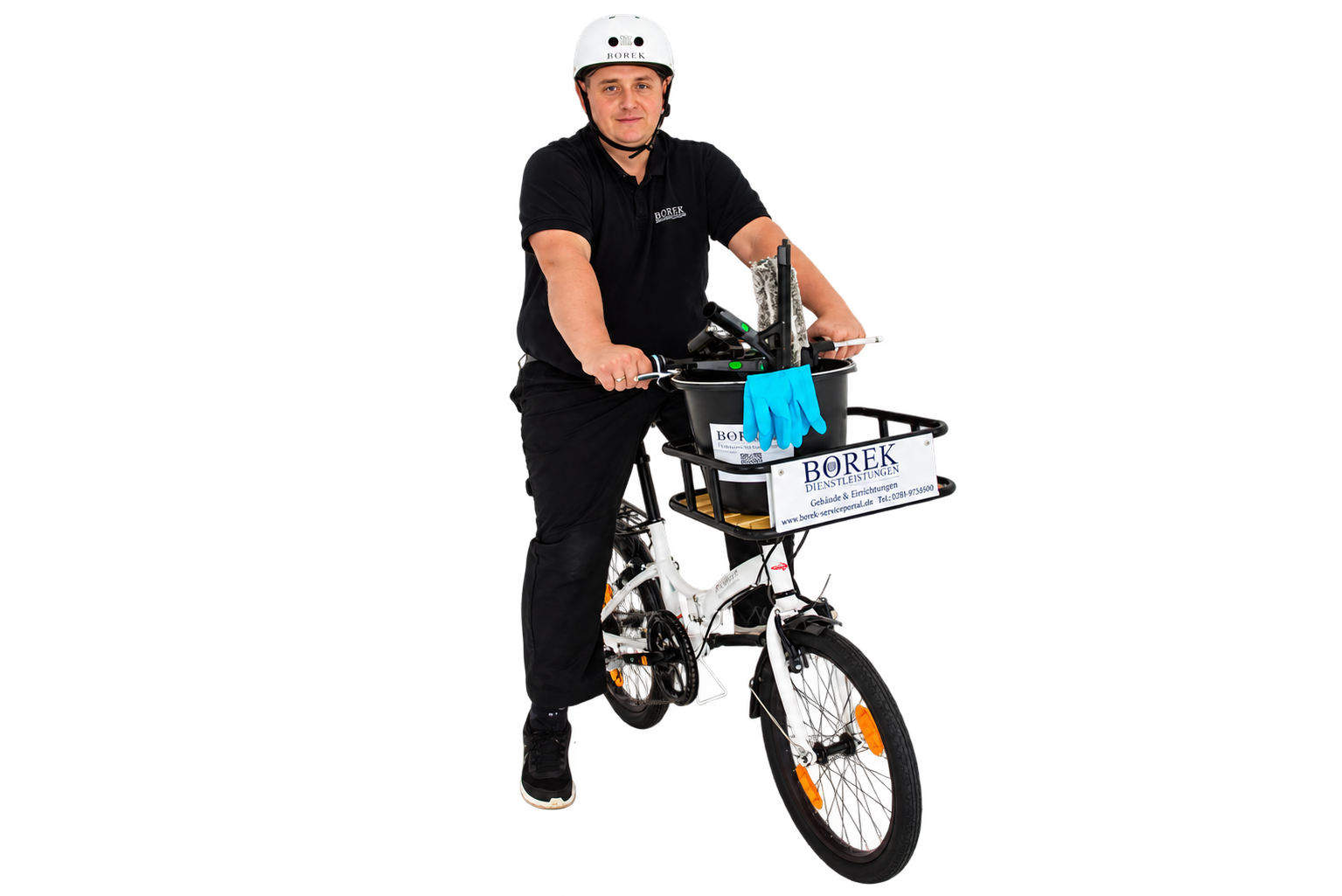 Borek-Gebäudereiniger mit Fahrrad und kompletter Reinigungsausrüstung